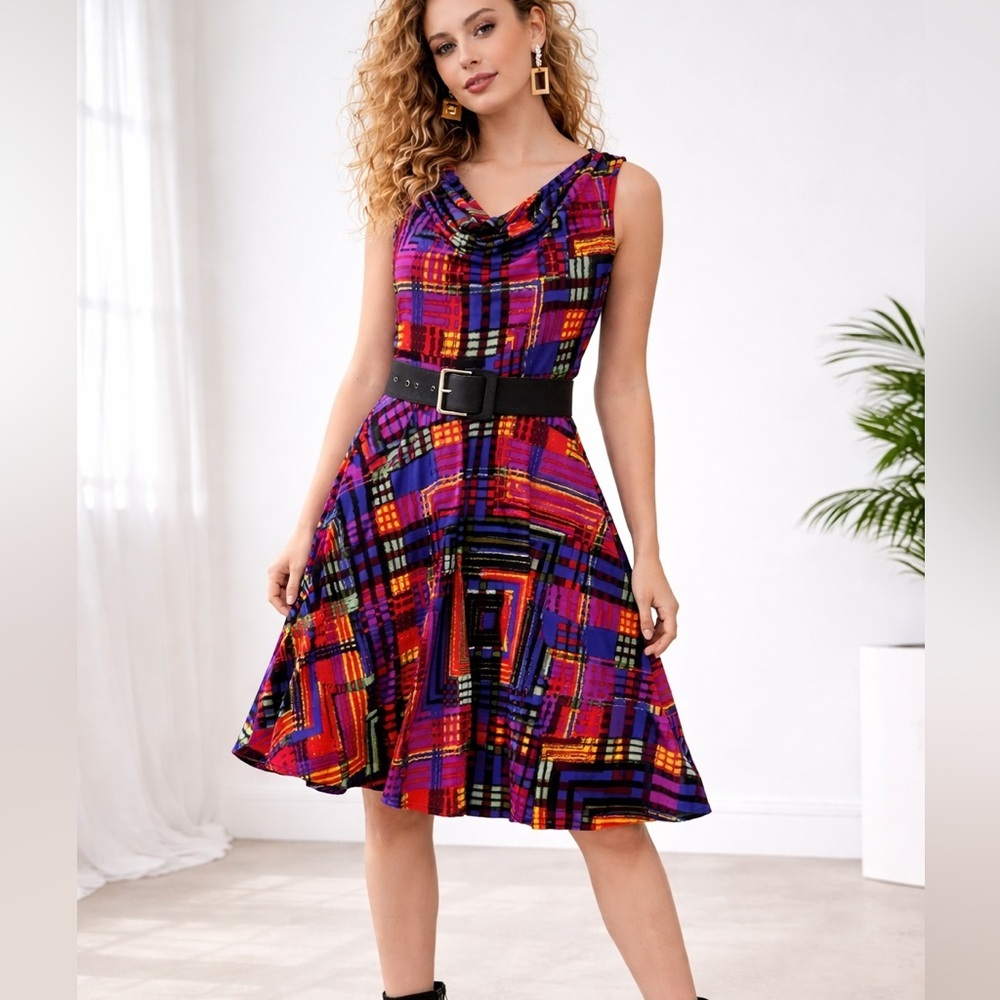 Kelly & Diane Size 10 Colorful Abstract Plaid Fit & Flare Cowl Dress